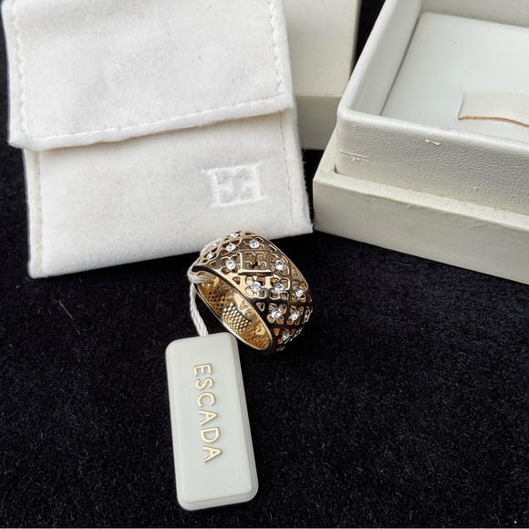 RARE Mint in Box ESCADA Gold Brass Band Ring Swarovski Stones & Logo Size 7 - Picture 4 of 14